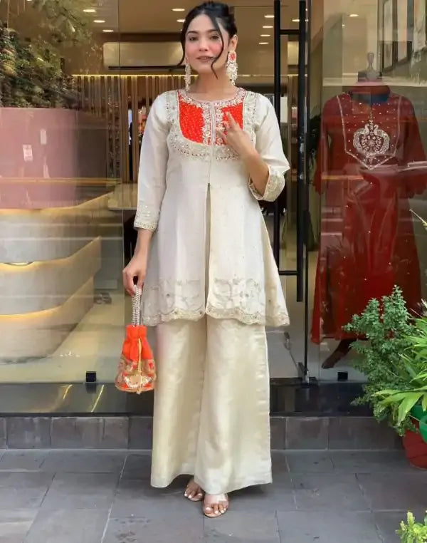 Precious Orange Gold Crush Embroidery Coding Sequence Work Salwar Suit