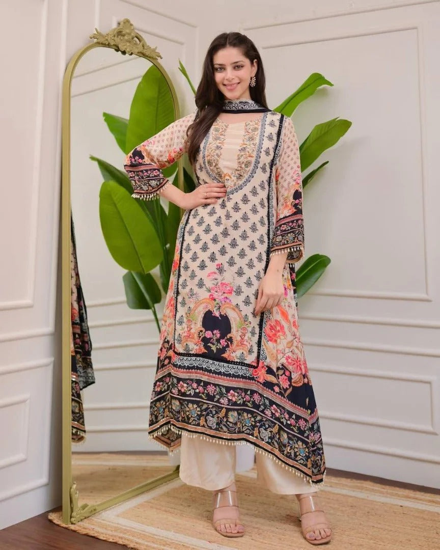 Marvellous Multicolour Chinon Digital Print Embroidery Work Suit Set
