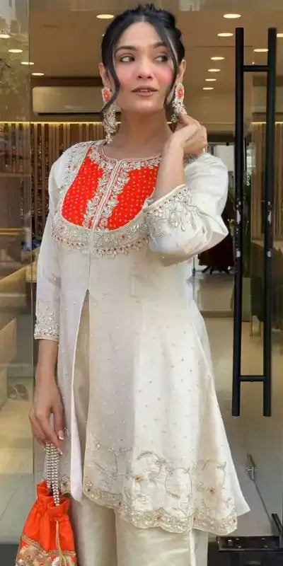 Precious Orange Gold Crush Embroidery Coding Sequence Work Salwar Suit