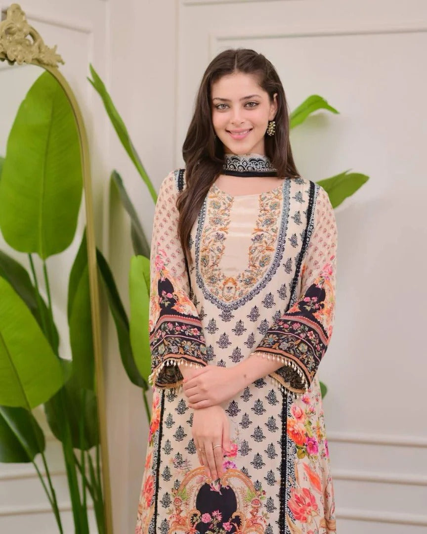 Marvellous Multicolour Chinon Digital Print Embroidery Work Suit Set