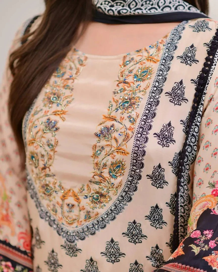 Marvellous Multicolour Chinon Digital Print Embroidery Work Suit Set