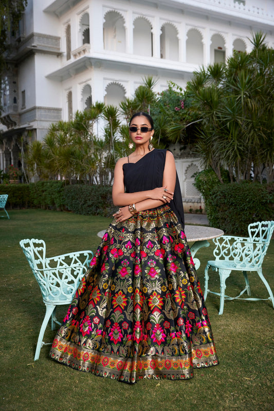 Stunning Black Banarasi silk multi colored floral lehenga