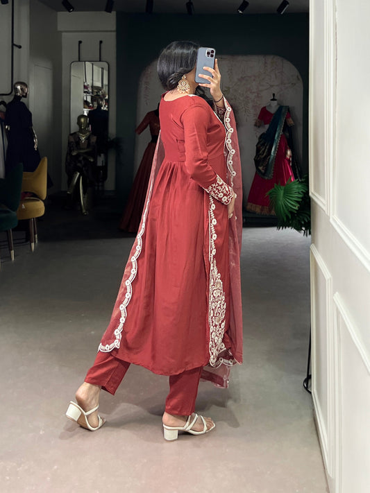 Elegant Rust orange Salwar Suit with Intricate White Embroidery