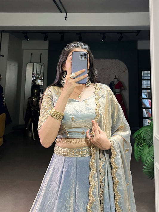 Elegant Mehndi Green Lehenga with Golden Lace Detailing