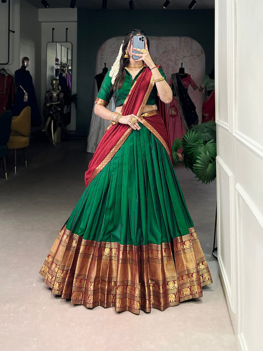 Vibrant Dual-Tone Lehenga in Emerald Green and Royal Purple with Rich zari weaving Border