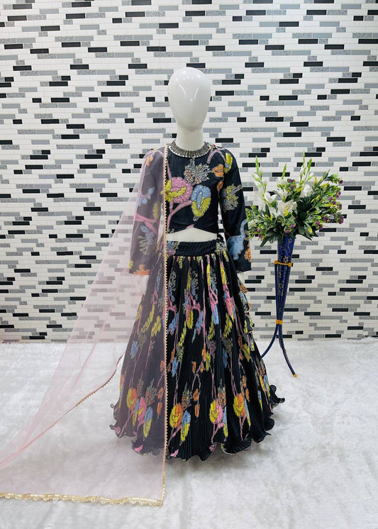 Black Midnight Garden Lehenga Set for Girls