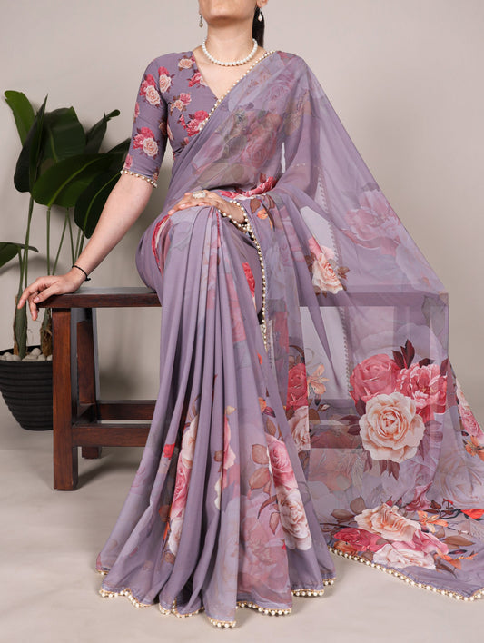 Multicolor Rose Print Georgette Saree with Pearl Lace Border