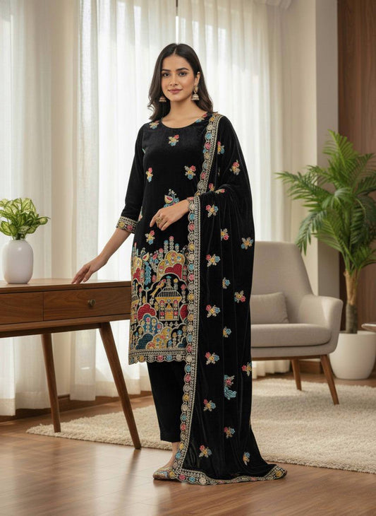 Black Peacock design Embroidered Velvet Suit Set with Duppata