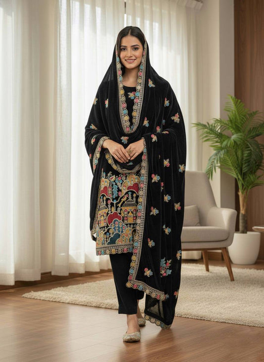 Black Peacock design Embroidered Velvet Suit Set with Duppata