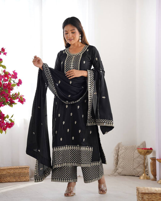 Festive Wear Black Sequins Chinon Silk Palazzo Suit With Dupatta
