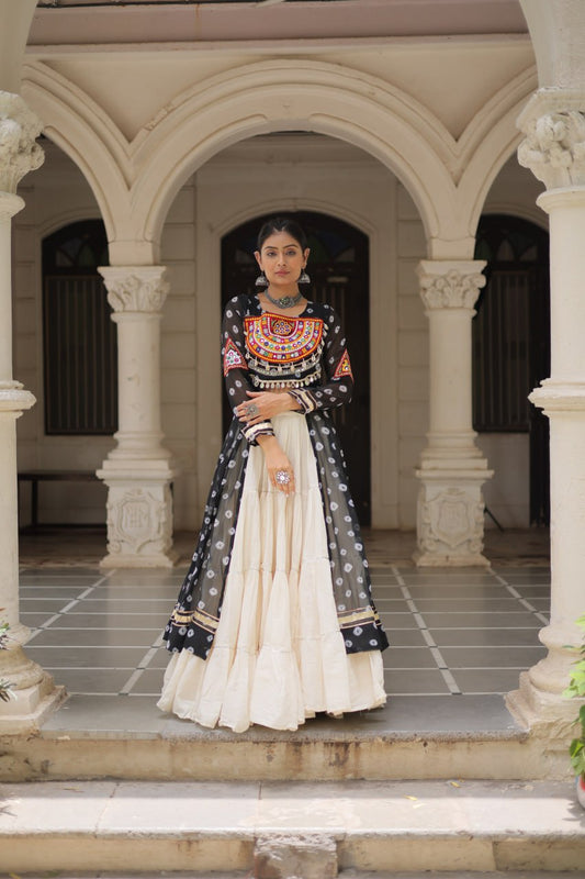 Green Bandhani Print Front-Open Shrug Gown with Kutchi Patchework Lehenga