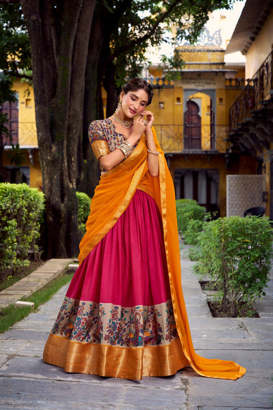Elegant Mustard Dupatta & Pink Lehenga Set with Embroidered Blouse