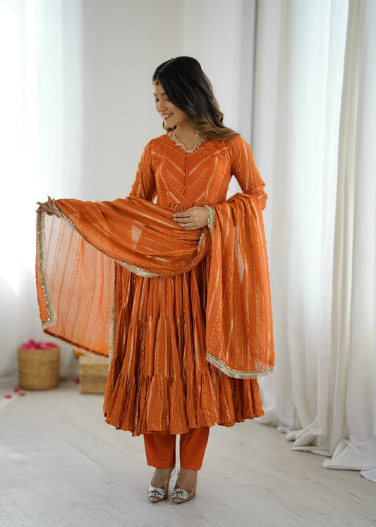 Designer Rust Orange Silk Blend Anarkali Set For Festive Wear