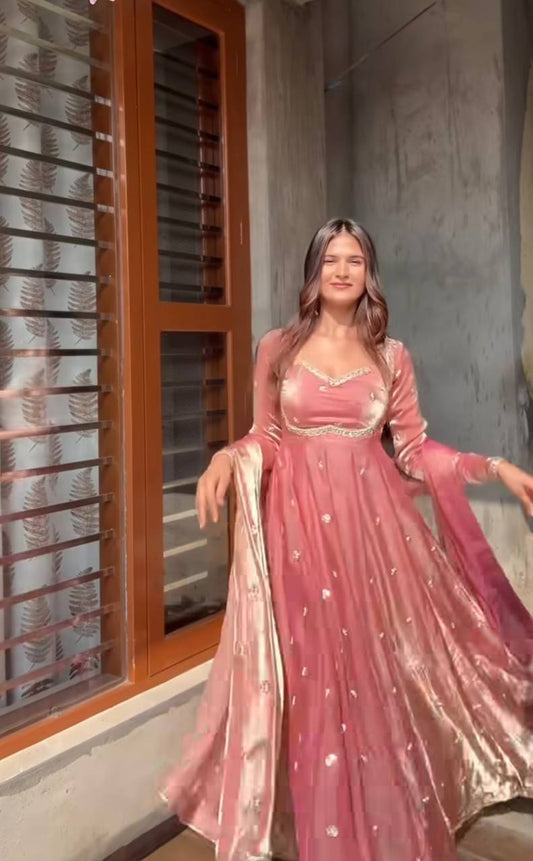 Elegant Dusty Pink Fendy Silk Embroidered Anarkali Suit with Dupatta