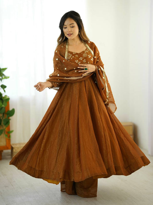 Premium Copper Brown Embroidered Anarkali Suit with Dupatta