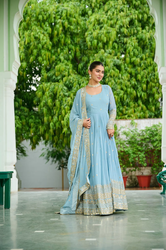 Sky Blue Georgette Anarkali Suit with Golden Embroidery & Dupatta