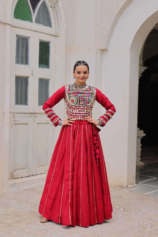 Elegant Red Navratri Chaniya Choli with Embroidered Mirror Work