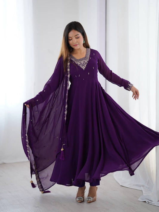 Fabulous Purple Embroidered Georgette Anarkali Suit With Dupatta