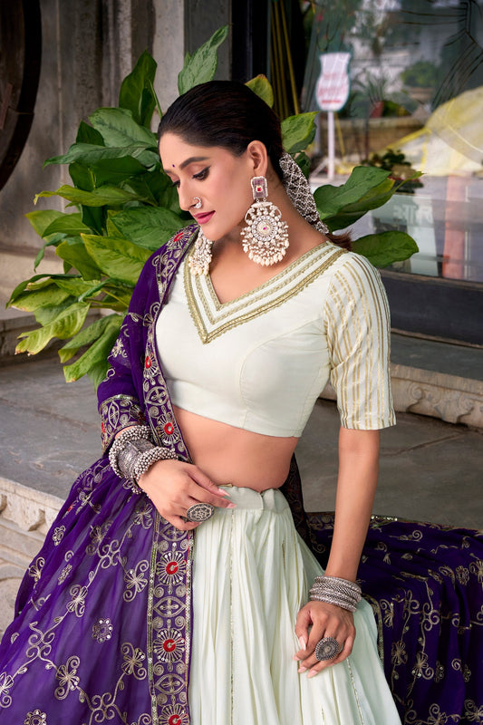 Ivory White Lehenga Choli with Purple Embroidered Dupatta For Festive Wear