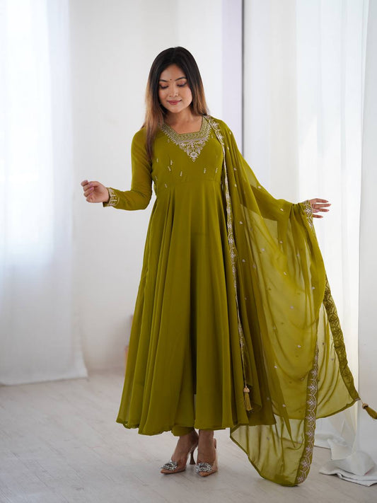 Stunning Mehendi Green Embroidered Georgette Anarkali Suit With Dupatta