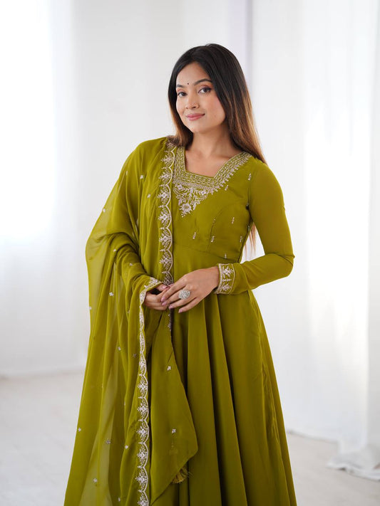 Stunning Mehendi Green Embroidered Georgette Anarkali Suit With Dupatta