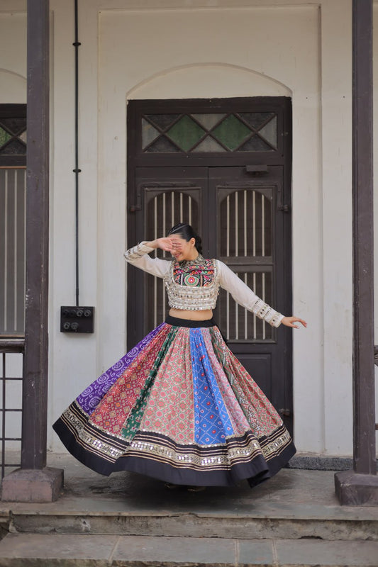 Multicolor Printed & Mirror Work Navratri Lehenga Choli For Festive Garba Outfit