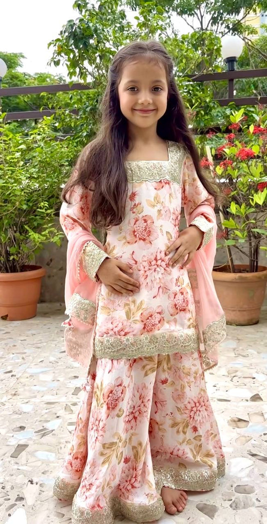 Elegant Peach Printed Palazzo Set for Girls with Sequin Border
