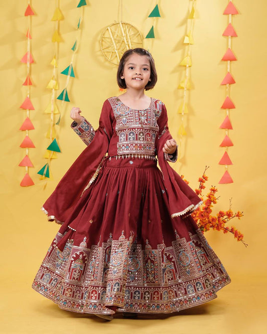 Royal Maroon Lehenga Choli Set for Girls with Intricate Detailing