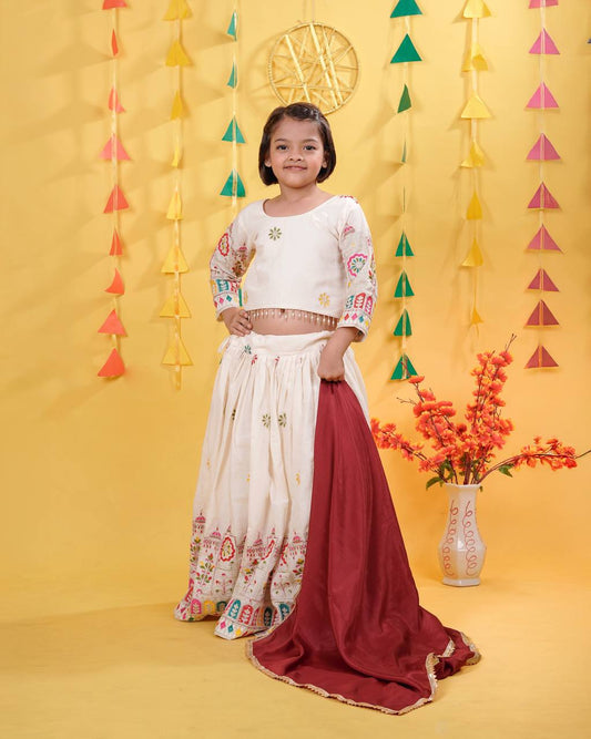 Traditional Cream Lehenga Set for Girls with Temple Embroidery