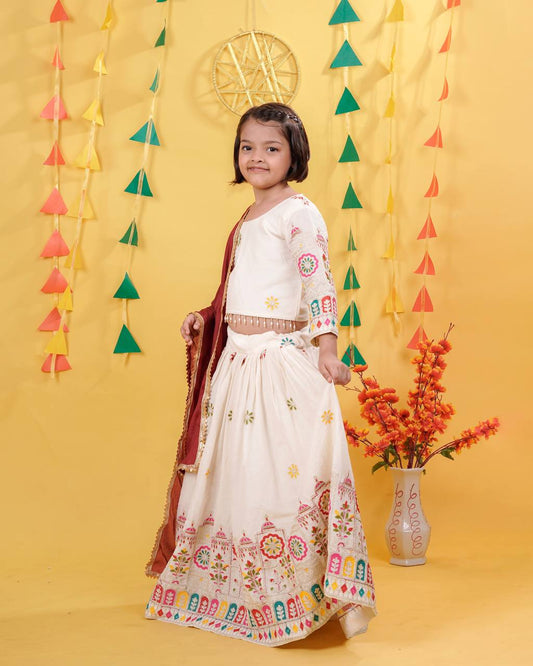 Traditional Cream Lehenga Set for Girls with Temple Embroidery