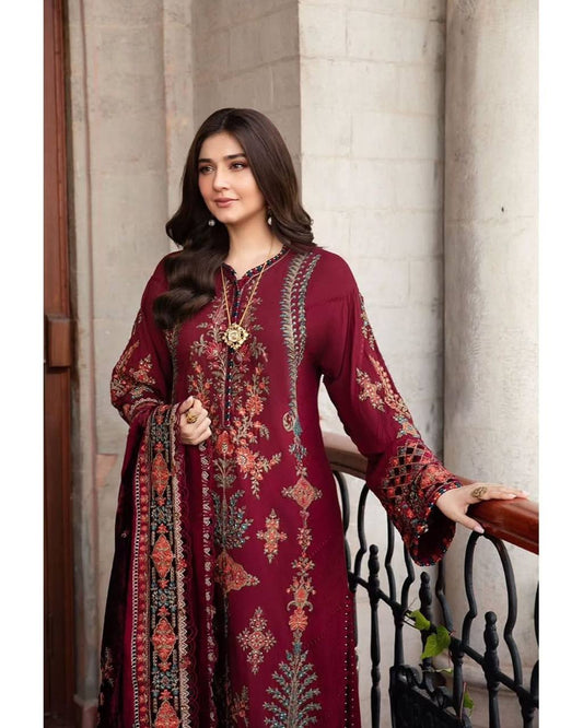 Elegant Maroon Embroidered Cotton Suit with Dupatta – Festive & Casual Wear