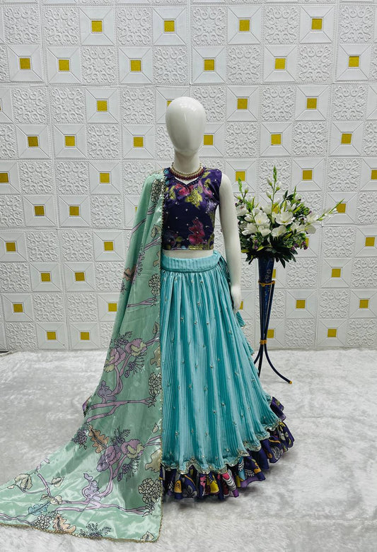 Girls Designer Floral Lehenga Choli with Mint Dupatta