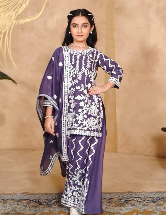 Festive Purple Heavy Thread Embroidery Plazzo Set For Kids