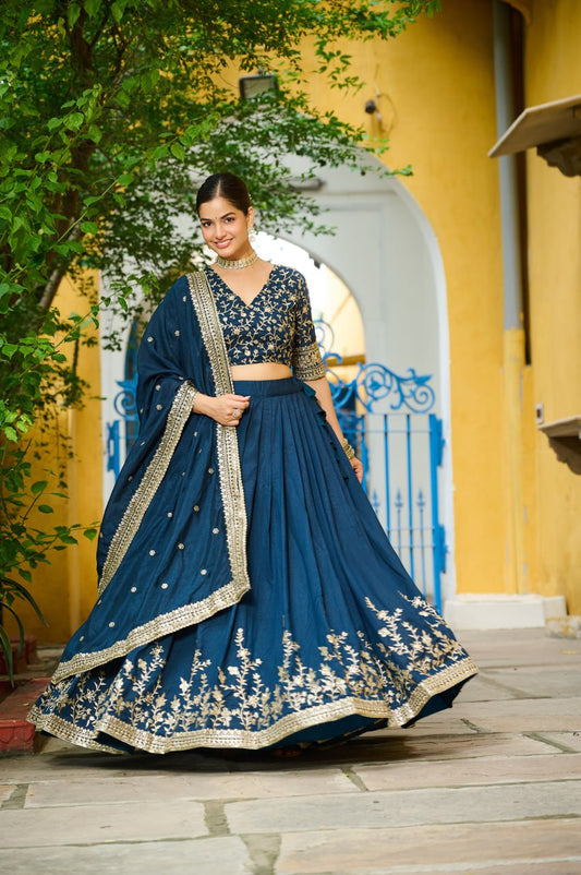Royal Navy Blue Embroidered Silk Lehenga Choli with Dupatta Elegant Party & Wedding Wear