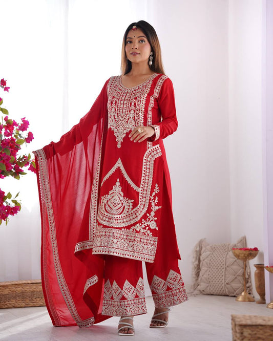 Fancy Dori Work Red Silk Wedding Palazzo Suit With Dupatta