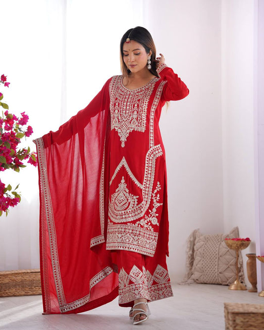Fancy Dori Work Red Silk Wedding Palazzo Suit With Dupatta