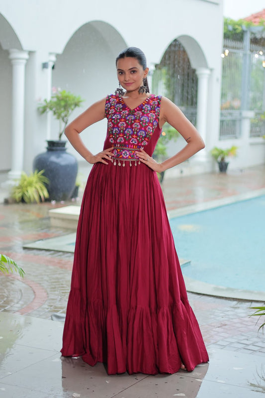 Pretty Maroon Rayon Mirror Work Navratri Special Gown For Women