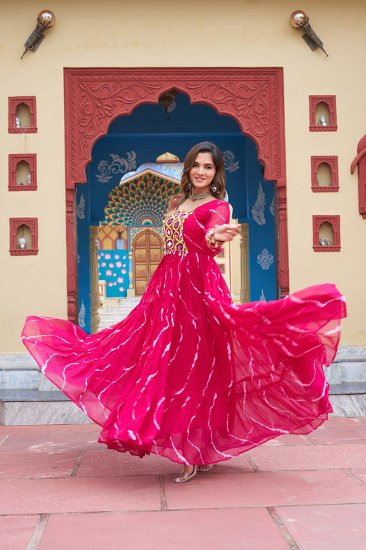 Adorning Pink Georgette Kutchi Work Festival Wear Gown